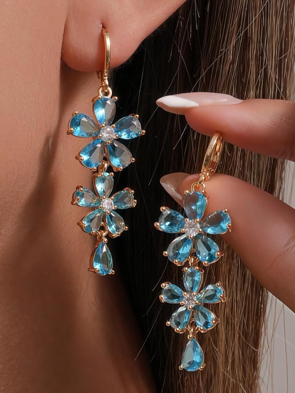 Anthropologie Gold-Tone Blue Crystal Floral Drop Earrings